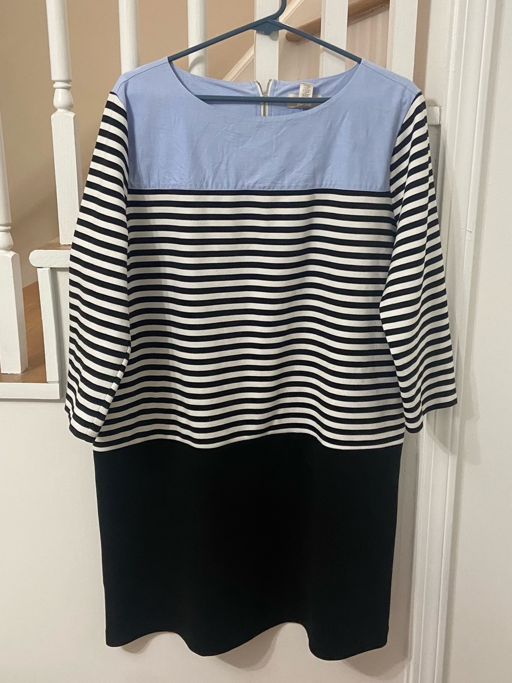LOFT Striped Midi Dress with Light Blue Yoke and Black Skirt
